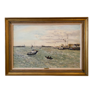 1960s Gaston Sebire Remorqueurs Au Havre Post-Impressionist Oil Painting