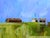 This oil painting depicts two rustic structures set against a serene blue sky, conveying a sense of quiet solitude. The...