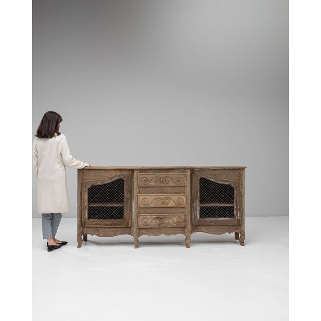 This piece presents as a table, distinguished by natural weathered oak, chamfered edge. Originating in France during 19th...