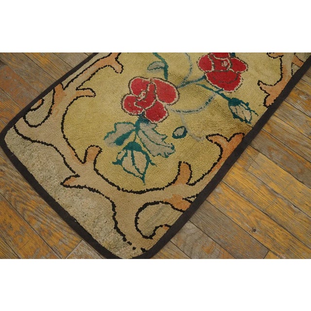 Textile Considerable Yellow Mustard Color With Lovely Florid Design Antique American Hooked Rug For Sale - Image 7 of 9