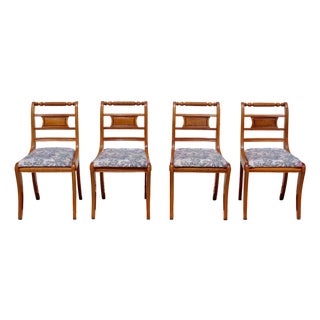 Set of 4 Vintage Federal Style Walnut Dining Chairs With Equestrian Hunt Scene Upholstery For Sale
