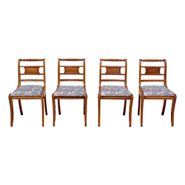 Set of 4 Vintage Federal Style Walnut Dining Chairs With Equestrian Hunt Scene Upholstery For Sale