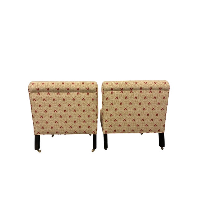Traditional Pair of Petite Traditional Floral Upholstered Slipper Chairs With Brass Casters & Pillows For Sale - Image 3 of 8