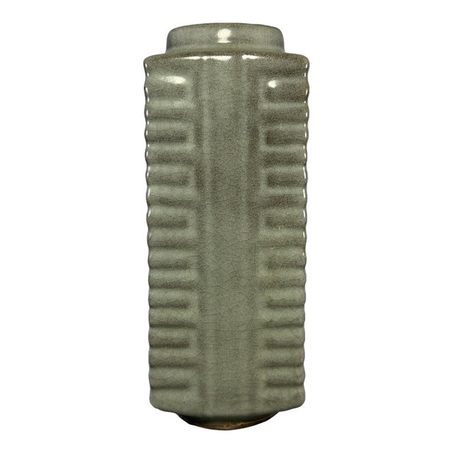Chinese Longquan Celadon Cong‑Style Square Vase, Collectible Decor Vase For Sale