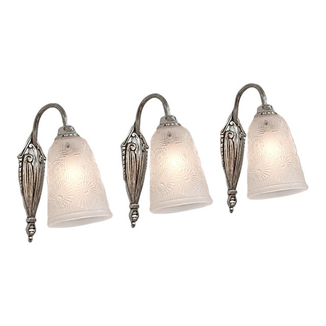 Lorrain Daum Set of Three French Art Deco Floral Nickel Bronze Wall Sconces - 1930s For Sale