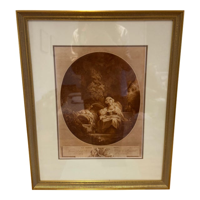 Antique Fragonard Engraving “La Bonne Mère” | After Jean-Honoré Fragonard | Oval Sepia Print | Gilt Frame [s.h.s-l-8.5050] Reproduction For Sale
