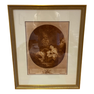 Antique Fragonard Engraving “La Bonne Mère” | After Jean-Honoré Fragonard | Oval Sepia Print | Gilt Frame [s.h.s-l-8.5050] Reproduction