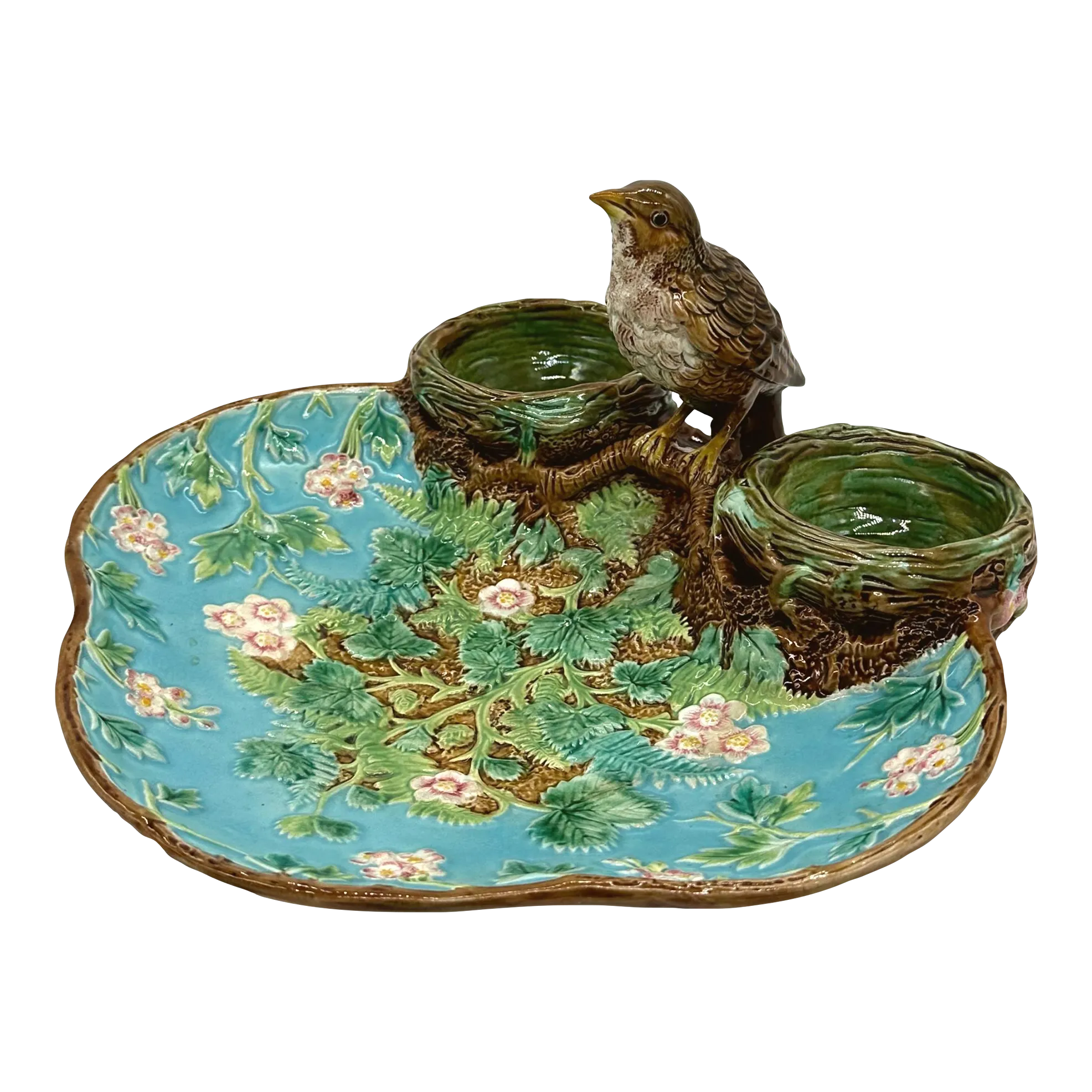 George Jones Majolica Strawberry Server Mounted by a Bird, English