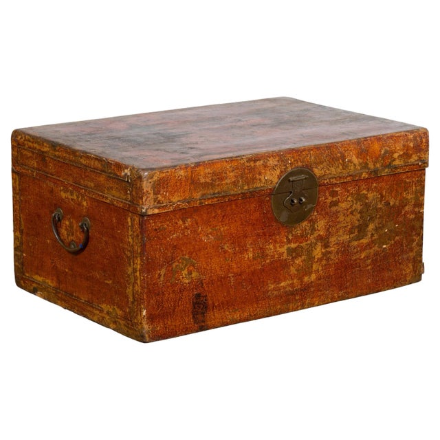 19th Century Chinese Qing Dynasty Period Lacquered Leather Trunk with Distressed Patina For Sale - Image 13 of 13