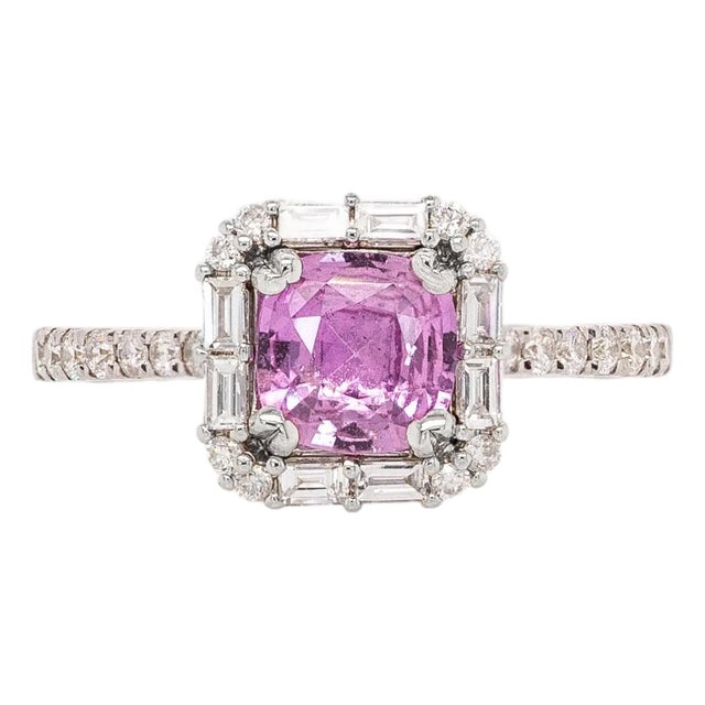 1ct Pink Sapphire Ring With Natural Diamond Halo: Solid 14k White Gold | 6mm For Sale