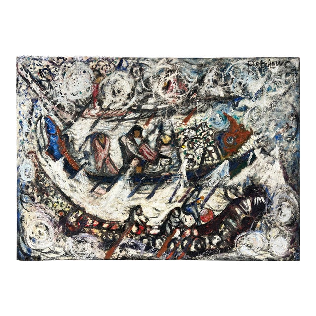 Dragon Boats Chinese New Year San Francisco Bay Area Original Oil on Canvas 1960 by Peter Lowe For Sale