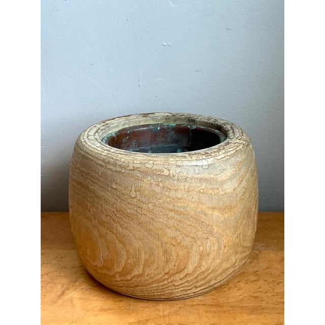 Late 20th Century Vintage Wood Vessel Planter With Copper Insert For Sale - Image 5 of 12
