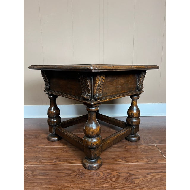 Antique English Side End Table Small Square Carved Oak Jacobean Revival C1910 For Sale - Image 9 of 18