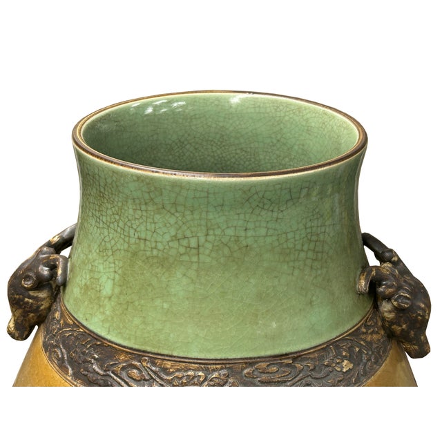 Orient Crackle Green Dragon Motif Ram Heads Artistic Pottery Ceramic Vase For Sale - Image 9 of 15