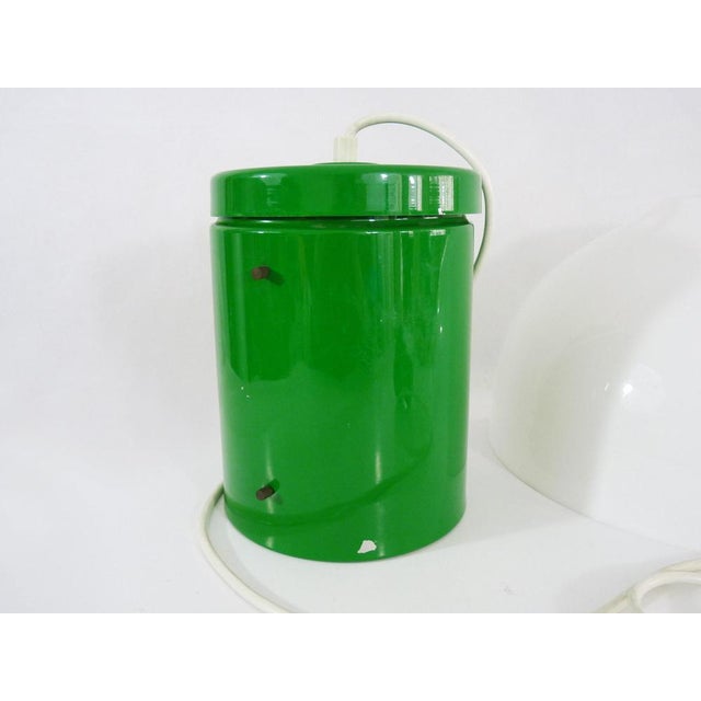 Metal Vintage Industrial Pendant Lamp in Green Metal with White Plastic Lampshade, 1970s For Sale - Image 7 of 11