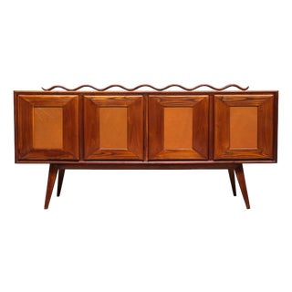 Italian Modern Walnut and Leather Sideboard with Undulating Cornice, 1950s For Sale