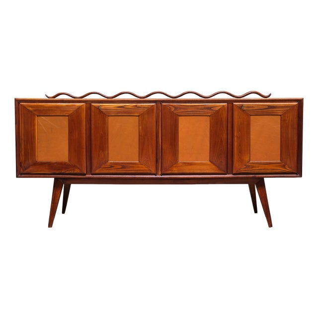 Italian Modern Walnut and Leather Sideboard with Undulating Cornice, 1950s For Sale