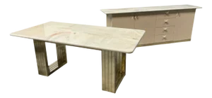 Vintage Dining Room Set in Wood Veneer and Imitation Marble and Brass, Italy, 1976, Set of 2