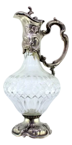 Cut Glass Wine Jug with Neck, Handle and Base in Silver Relief with Scrolls and Floral Motifs