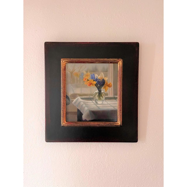 2010s First Blooms by Marsha Whitesides Piper | Oil on Linen dibond panel Still life of flowers in a vase For Sale - Image 5 of 5