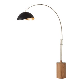 1980s Luna Bella Mid Century Brass Floor Lamps - 92" Tambo Modern Arc Lamp, Brass Body, Wood Base, Black/Gold Shade For Sale
