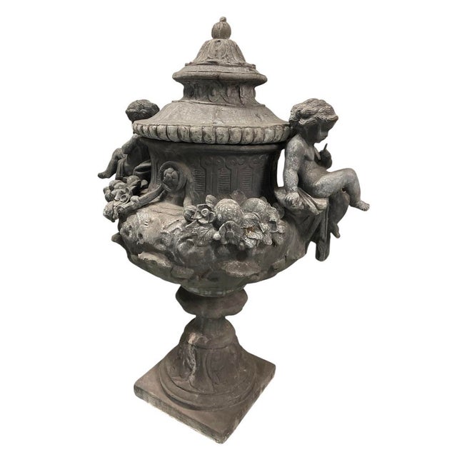 A Pair of Monumental 19th-Century Style English Cast Lead Garden Urns With Lids & Putti For Sale In West Palm - Image 6 of 12