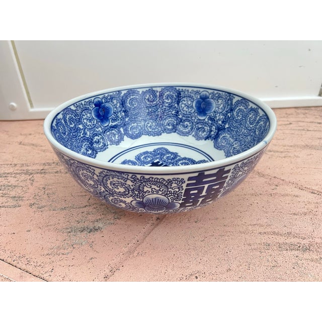 Late 20th Century Late 20th Century Large Blue & White Bowl With Asian Sign of Happiness For Sale - Image 5 of 6