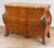 A French Louis XV Style Bombe Commode Chest Heavily Decorated Marquetry Veneered Finish Robust Figural Ormolu Sides with...