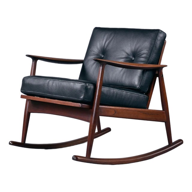 Pair of Restored Moreddi 1950's Danish Teak Rocking Chairs in Black Leather For Sale