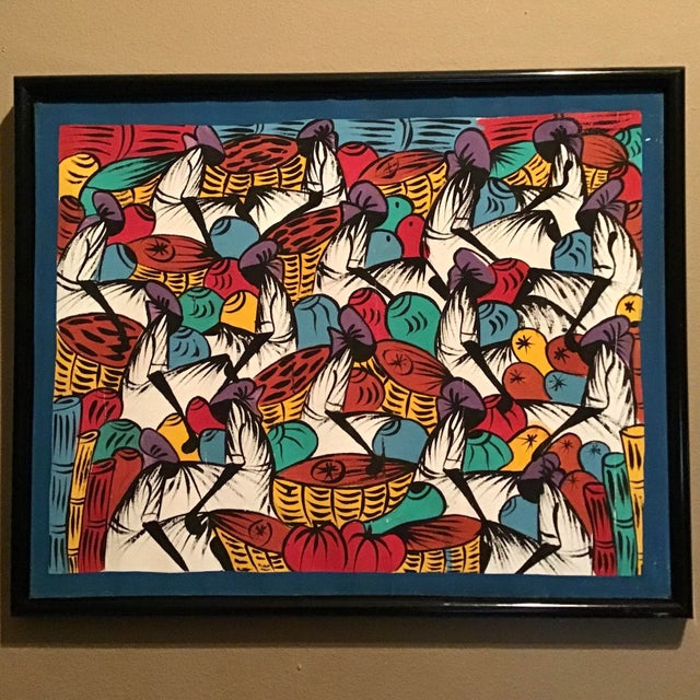 Late 20th Century “Market Day” Mid Century Haitian Oil on Canvas Painting For Sale - Image 5 of 5