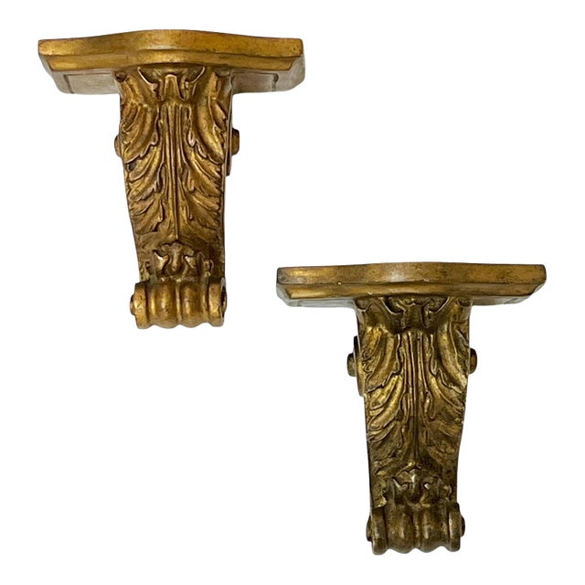 Pair Vintage Italian Neoclassical Giltwood Carved Wall Brackets Sconces For Sale