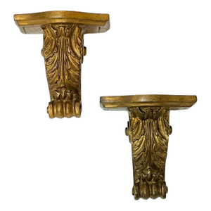 Pair Vintage Italian Neoclassical Giltwood Carved Wall Brackets Sconces