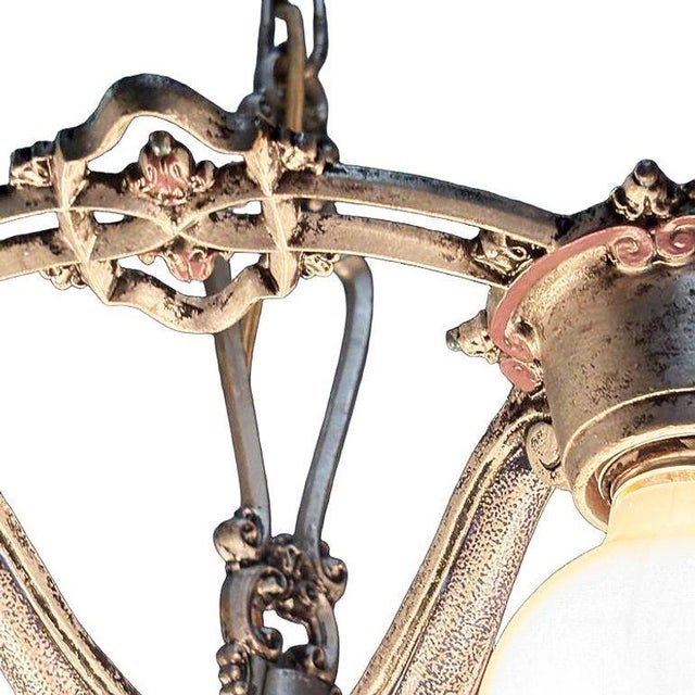 1928 Art Deco Brass Petite Five Light Circular Polychrome Chandelier For Sale - Image 10 of 11