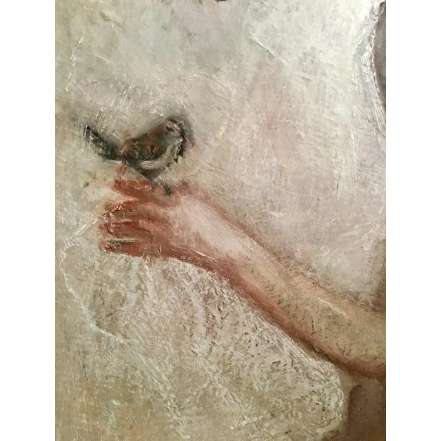 Introspective, Boy With Bird, Framed Acrylic on Canvas by: Chuck Bodish, closed corner carved cream frame