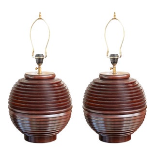 Pair of Ribbed Mahogany Table Lamps For Sale