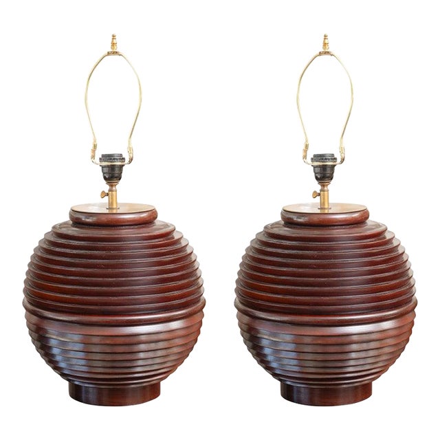 Pair of Ribbed Mahogany Table Lamps For Sale