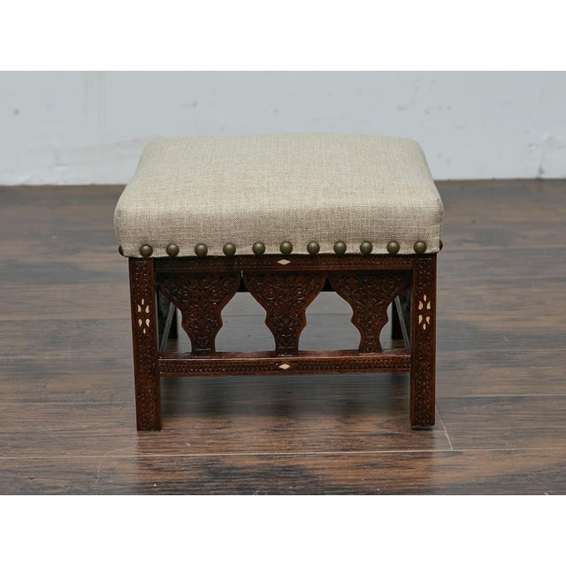 Early 20th Century Antique Moroccan Hand-Carved Stool with Custom Linen Upholstery, Circa 1900 For Sale - Image 5 of 12