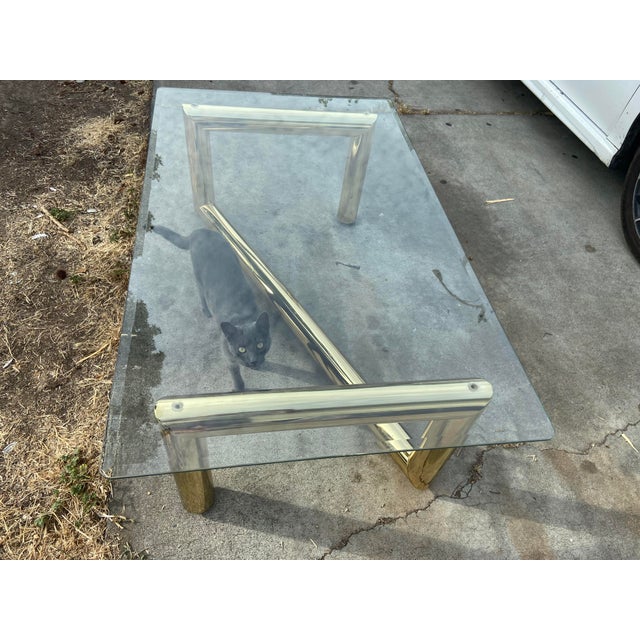 1970s Attributed to Karl Springer Hollywood Regency Style MCM Brass Tubular Coffee Glass Table For Sale In Sacramento - Image 6 of 18