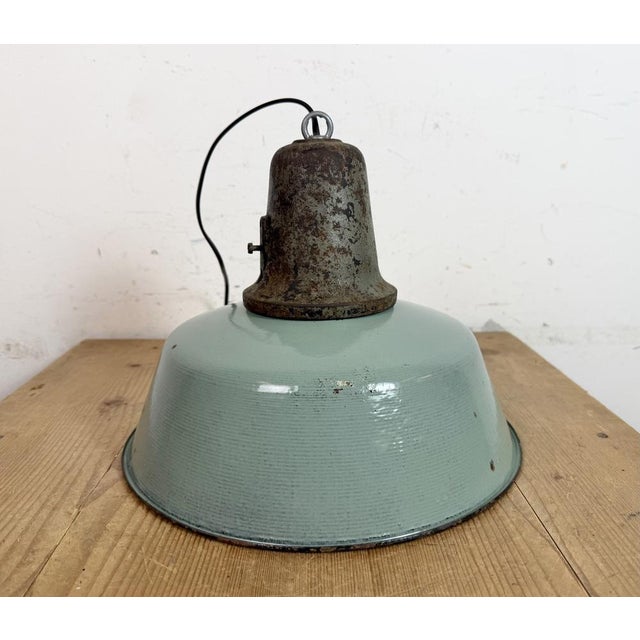 Industrial Petrol Enamel Factory Lamp with Cast Iron Top, 1960s For Sale - Image 16 of 18