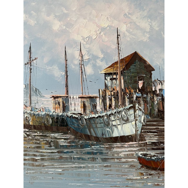 Vintage Midcentury Oil Painting of Boats in a Harbor, Framed and Signed W. Jones For Sale In Philadelphia - Image 6 of 9