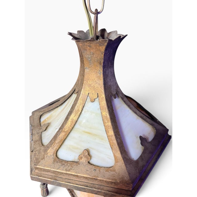 Vintage Gothic 6 Panel Stained Glass Swag Lamp Hanging Lantern For Sale - Image 4 of 9