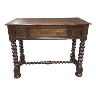 Late 19th Century English Oak Barley Twist Leg & Stretcher Side Table With Drawer For Sale