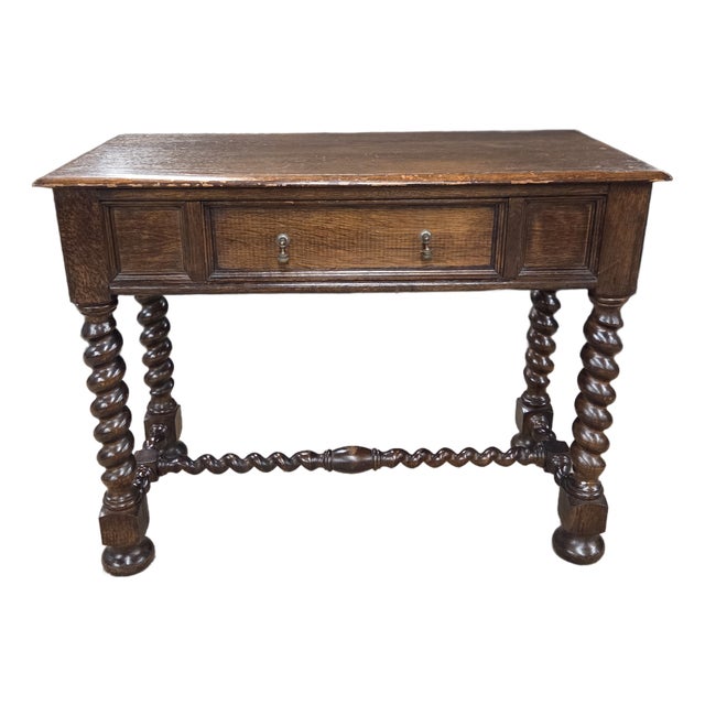 Late 19th Century English Oak Barley Twist Leg & Stretcher Side Table With Drawer For Sale