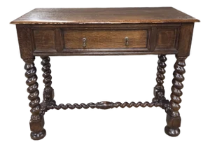 Late 19th Century English Oak Barley Twist Leg & Stretcher Side Table With Drawer