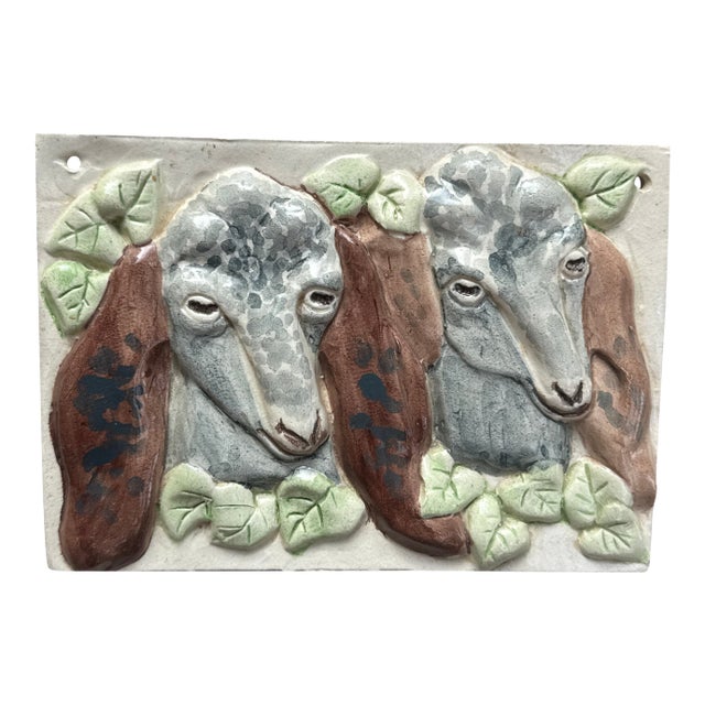 Late 20th Century Hand Painted Tile Depicting Sheep in Relief For Sale