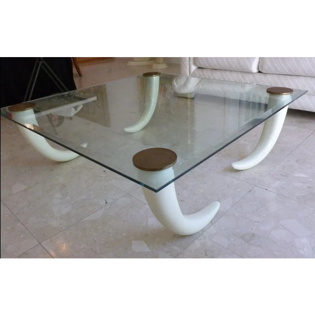 Metal 1970's Glass Coffee Table With Faux Tusk Legs and Brass Caps For Sale - Image 7 of 10