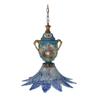 Antique Sevres-Style Bleu Celeste Romantic Floral Porcelain With Murano Art Glass Lotus Blue Shade For Sale
