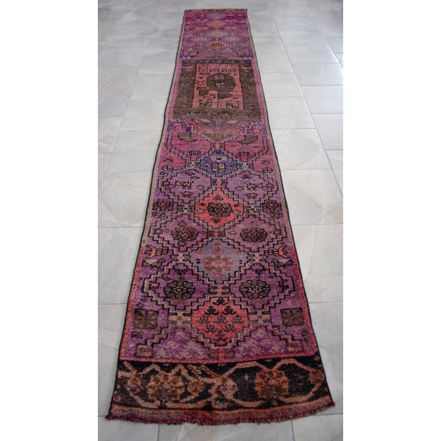 Hand-Knotted Turkish Runner Rug . Low Pile Full Tribal Design Narrow Runner Rug 2′2″ × 13′4″ For Sale - Image 6 of 16