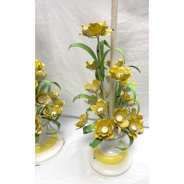 White Vintage Italian Floral Painted Tole Table Lamps- A Pair For Sale - Image 8 of 12