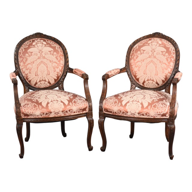 New Scalamandre Damask on 1920s Louis XV-style Bergere Accent Chairs, Reupholstered Pair French Provincial Armchairs For Sale